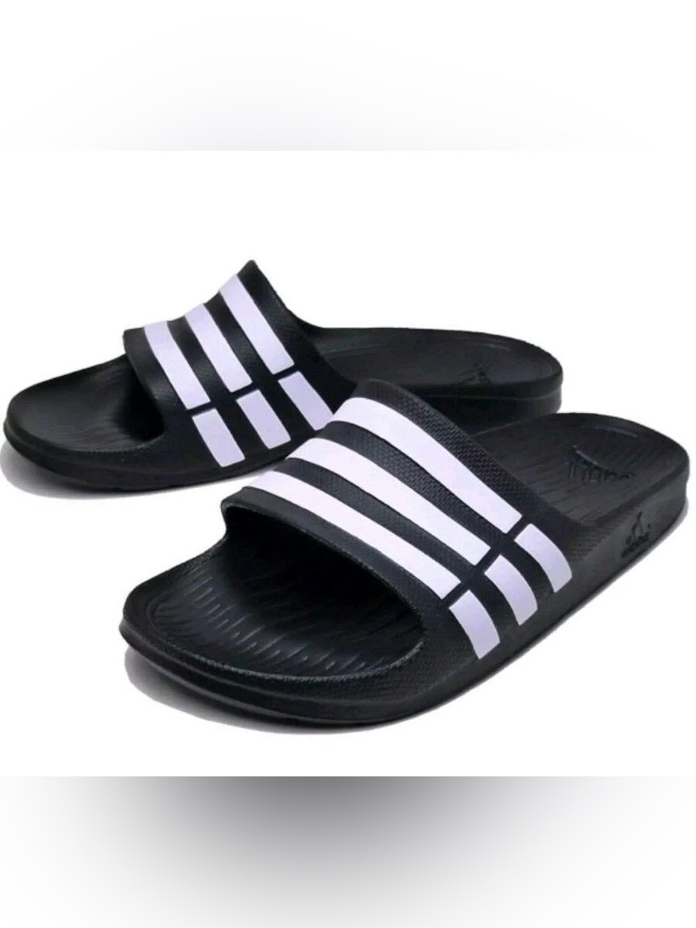 adidas Black and White Slide Sandals with Three-Stripes Size 11